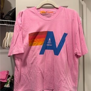 Aviator Nation Pink Tee with Blue and Multicolor Logo